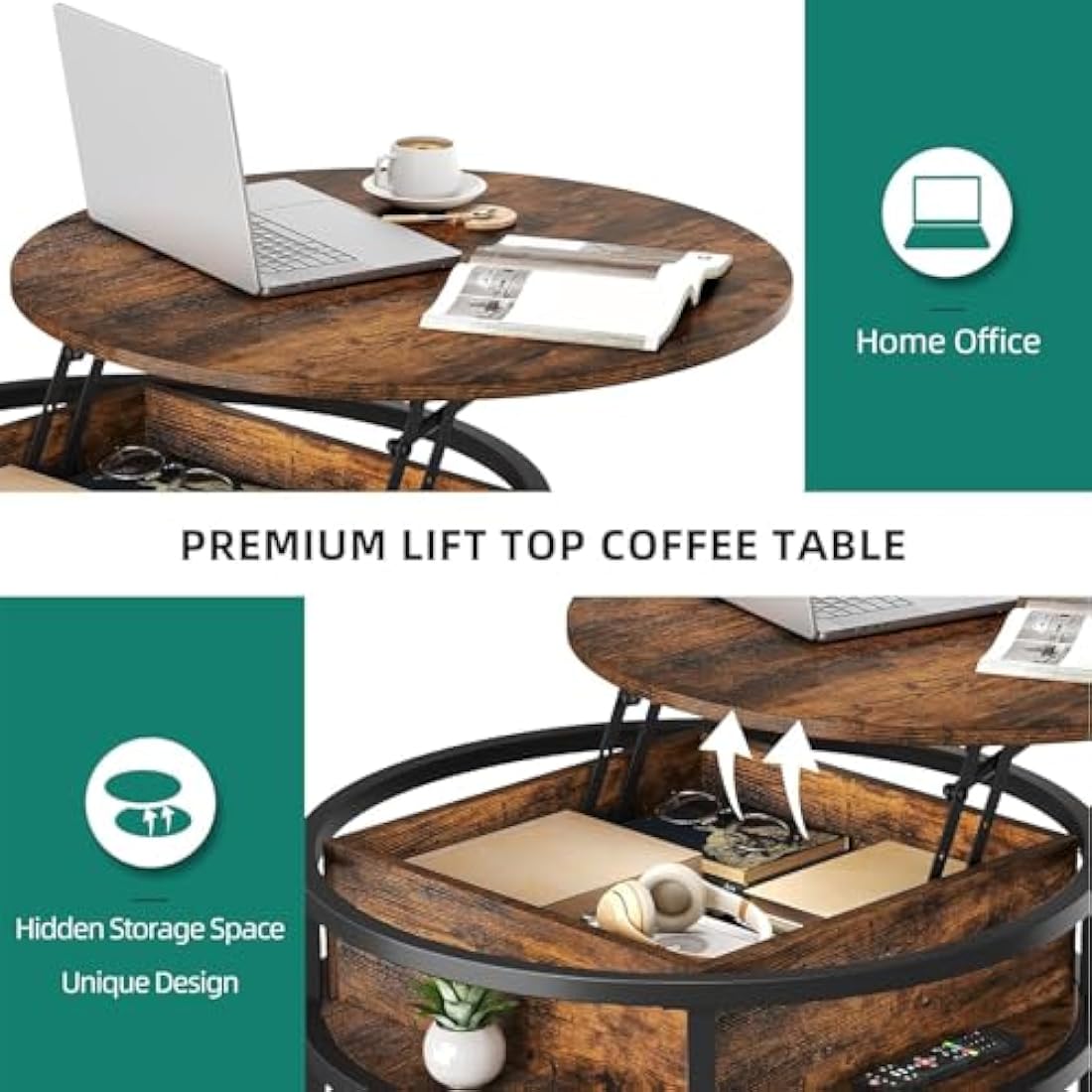 YITAHOME Round Lift Top Coffee Table with Hidden Storage – Brown Wood