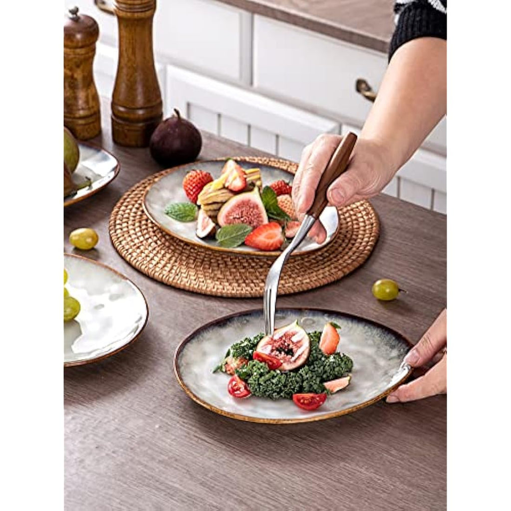 Henten Home Beige Stoneware Breakfast Plates - Handmade Set of 4