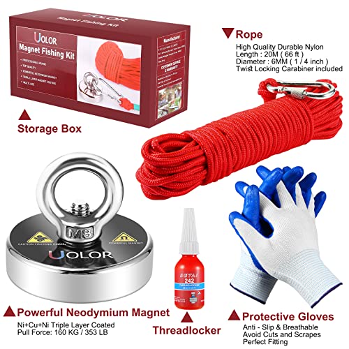 Uolor Neodymium Fishing Magnet Kit - 160KG Pull Force with 20M Rope