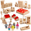 KABENFIS 39-Piece Wooden Dollhouse Furniture Set with 6 Family Dolls