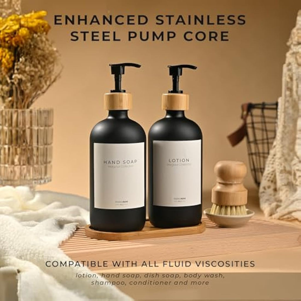 MaisoNovo Soap and Lotion Dispenser Set of 3 | Bamboo Pumps and Tray