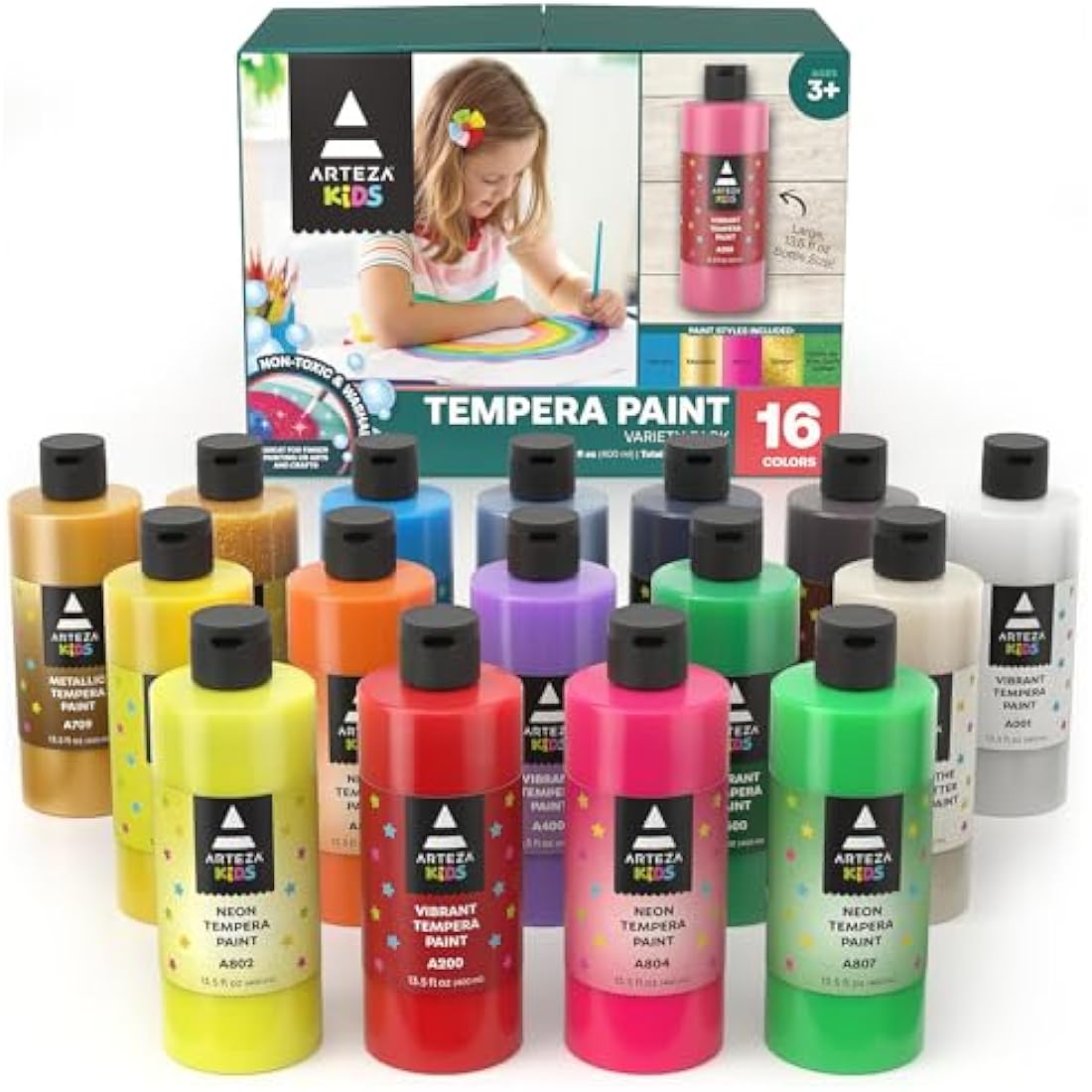 Arteza Kids Washable Tempera Paint Set – 16 Non-Toxic Colors, 400ml