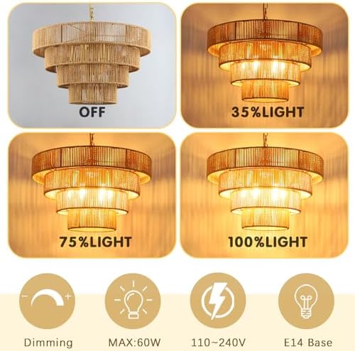 50cm Boho Rattan Pendant Light – 6-Light Brass Ceiling Shade
