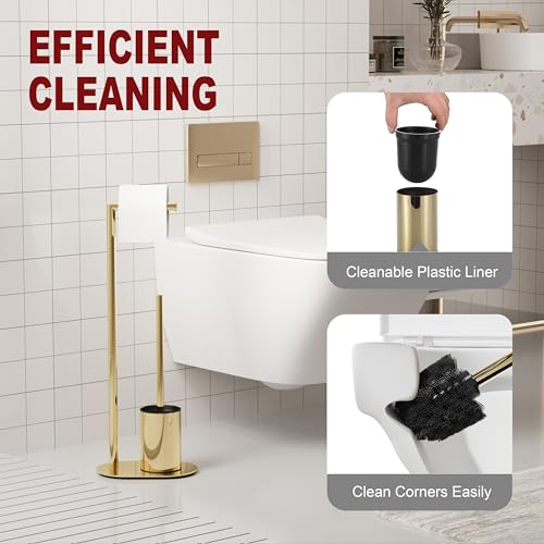 BVL Gold Toilet Roll Holder | Stainless Steel Standing Brush Set