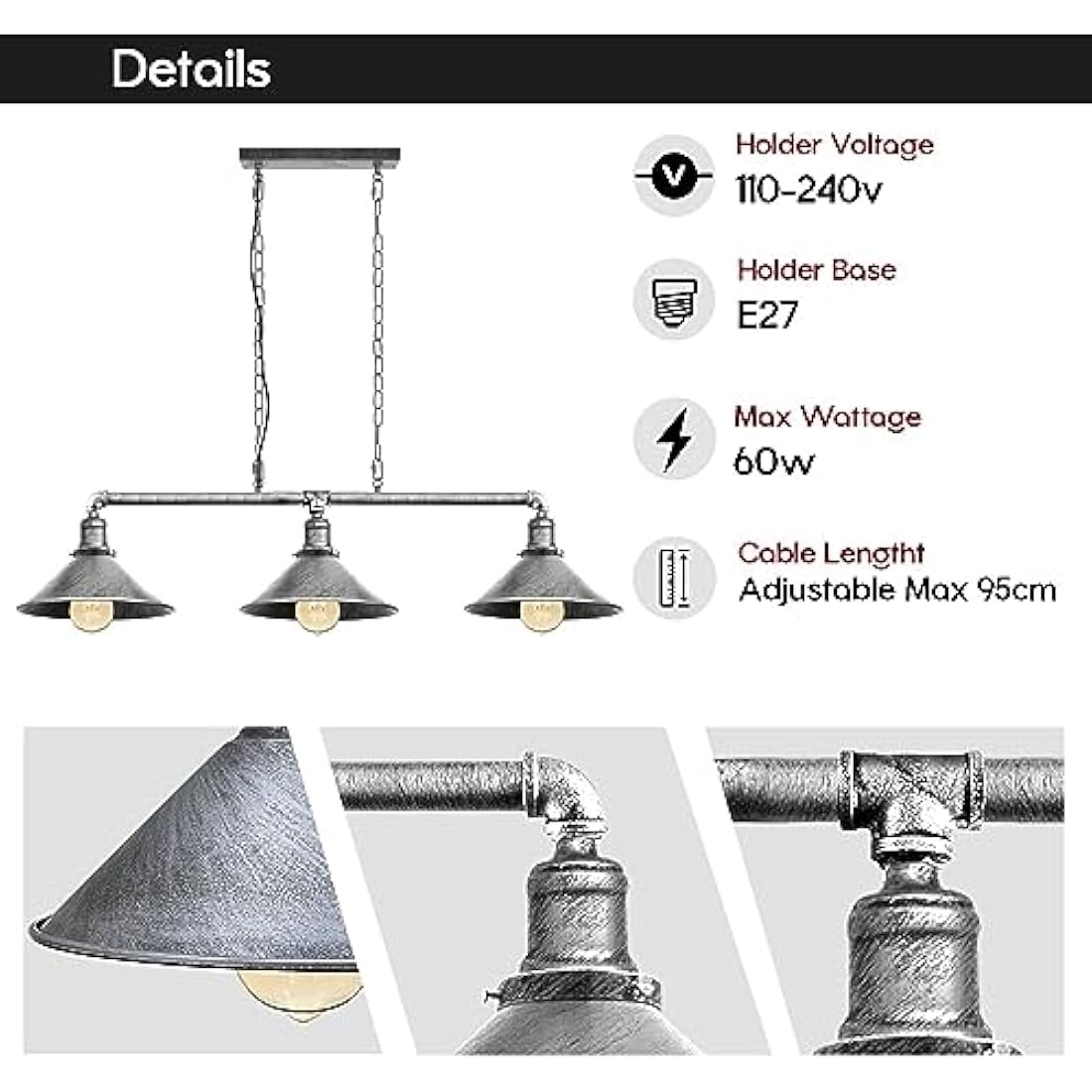 Industrial 3-Light Pendant - Brushed Silver Metal Cone Fixture