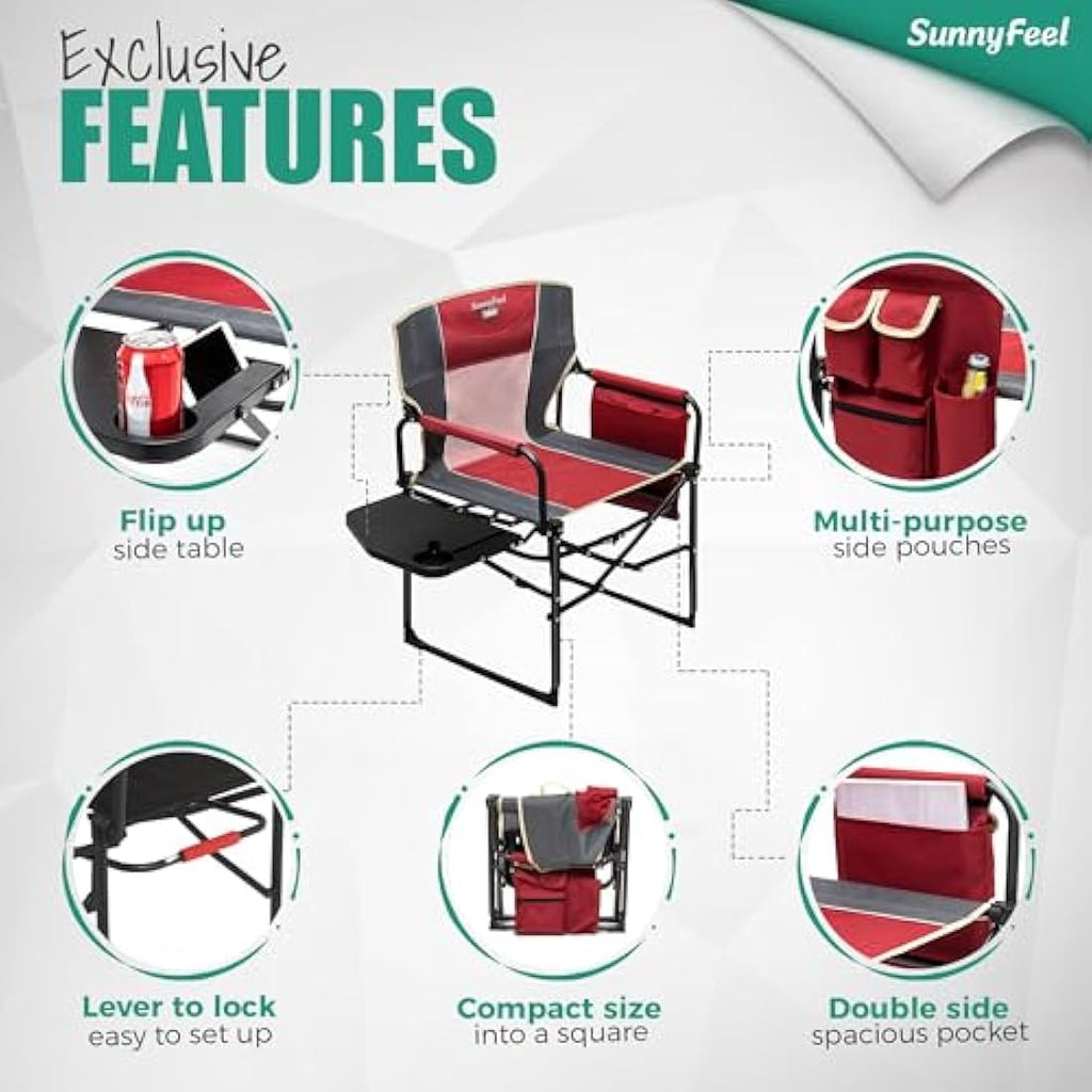 SunnyFeel Heavy Duty Camping Director Chair with Side Table - Red