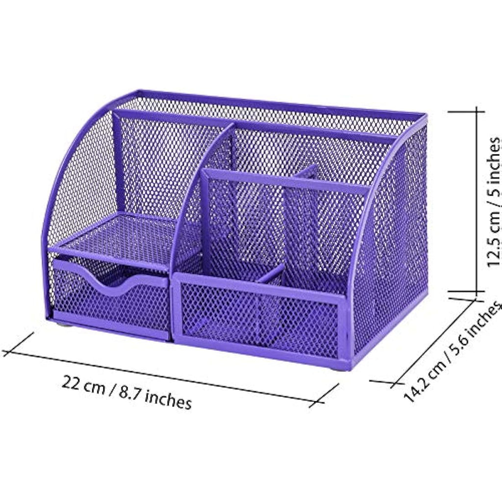 Exerz Mesh Desk Organiser | 7-Compartment Metal Tidy Caddy - Purple