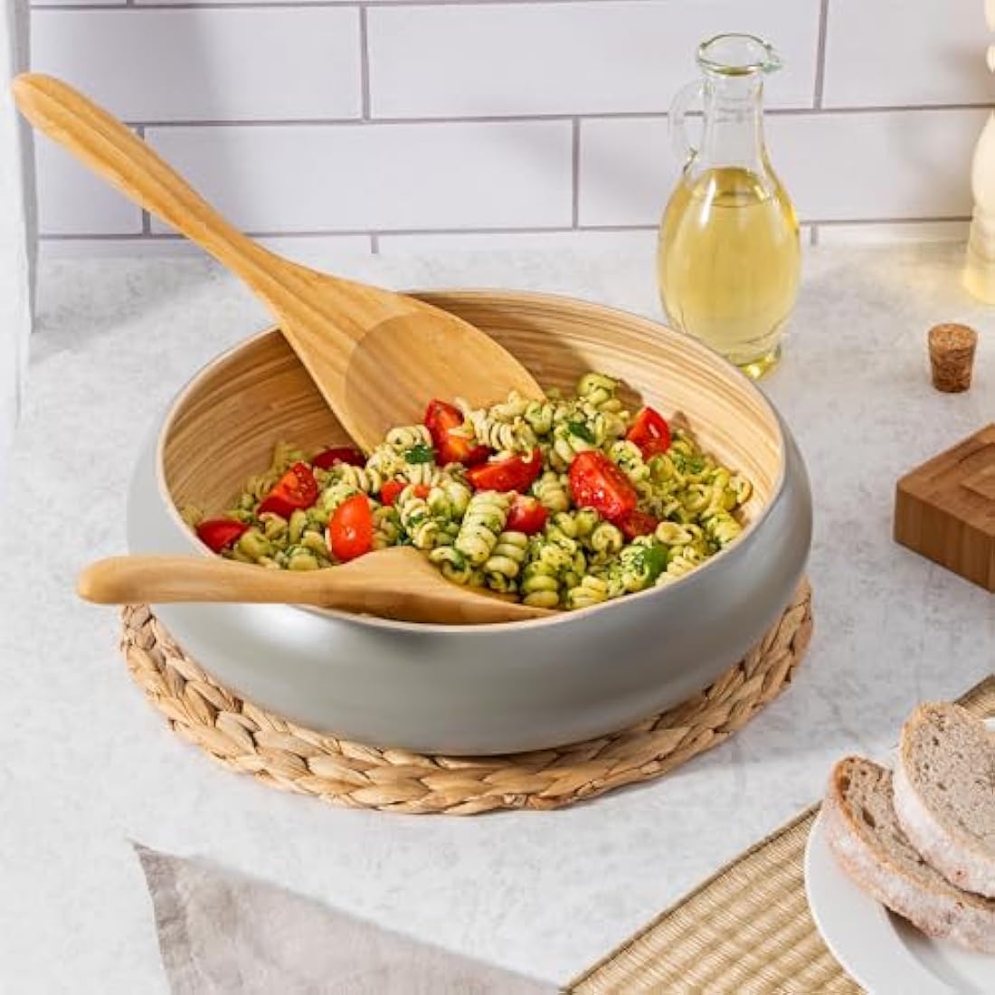 Dehaus Large 30cm Bamboo Fruit Bowl – Grey Wooden Salad Serving Bowl