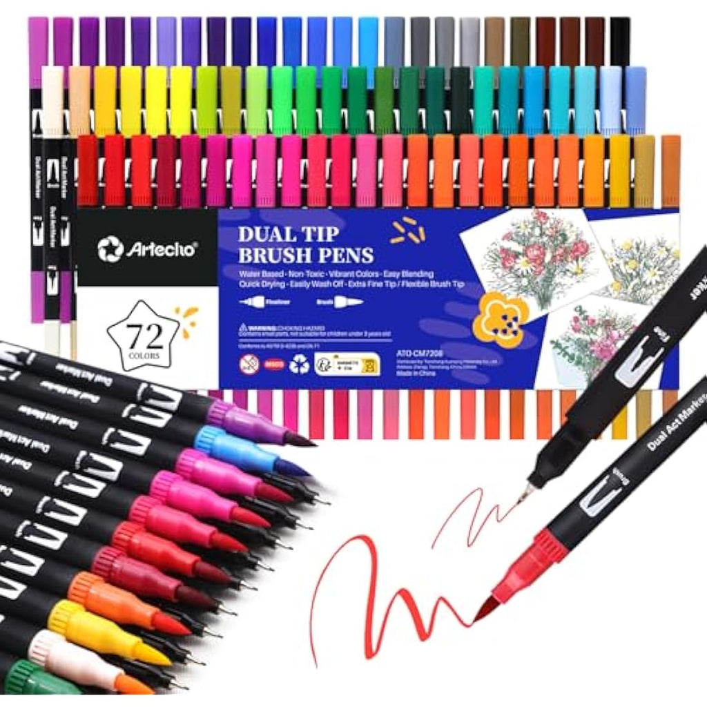 Artecho 72 Dual Tip Brush Pens | Fineliner & Felt Tip Markers for Art
