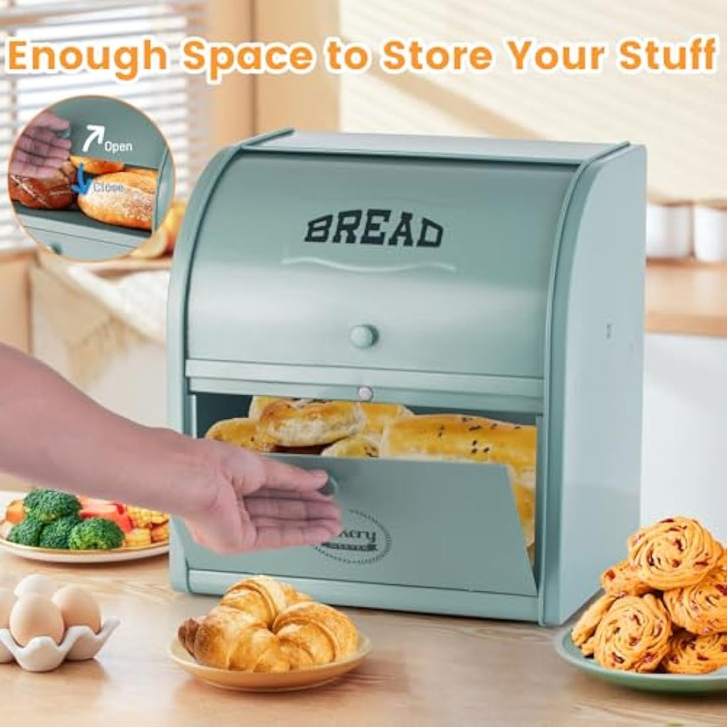 Jolof Store 2-Layer Metal Bread Bin – Large Roll Top Bread Box, Green