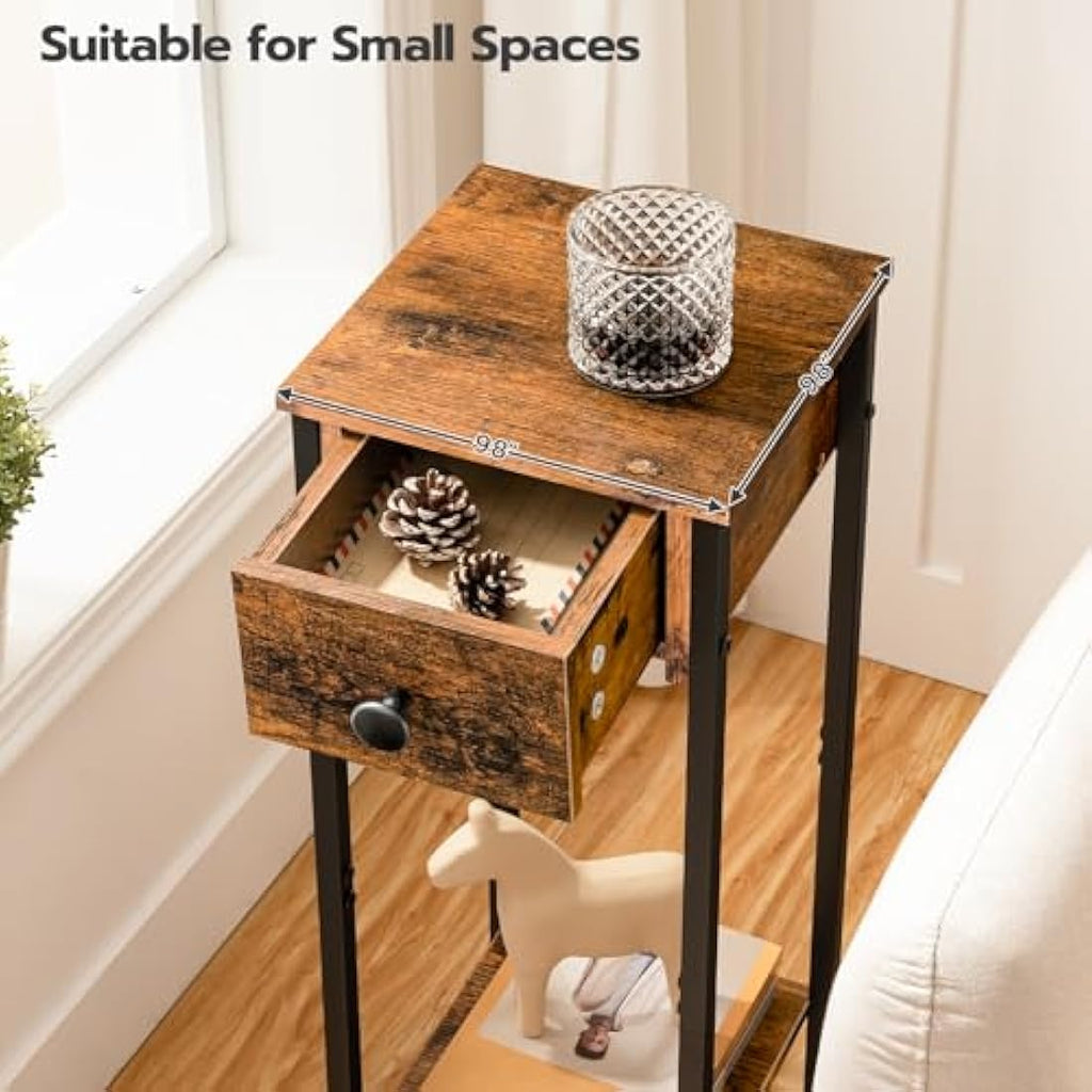 HOOBRO Slim Bedside Table – Narrow Industrial Nightstand with Drawer