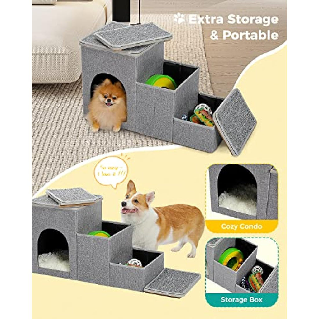 PETEPELA 3-Step Foldable Dog Stairs with Storage for High Bed – Grey