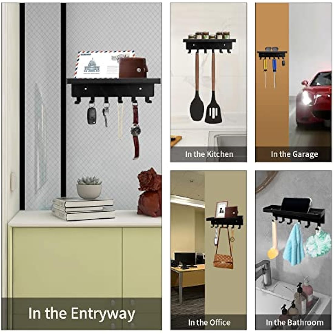 Wall Key Holder with Mail Tray – 6 Hooks Metal Entryway Rack
