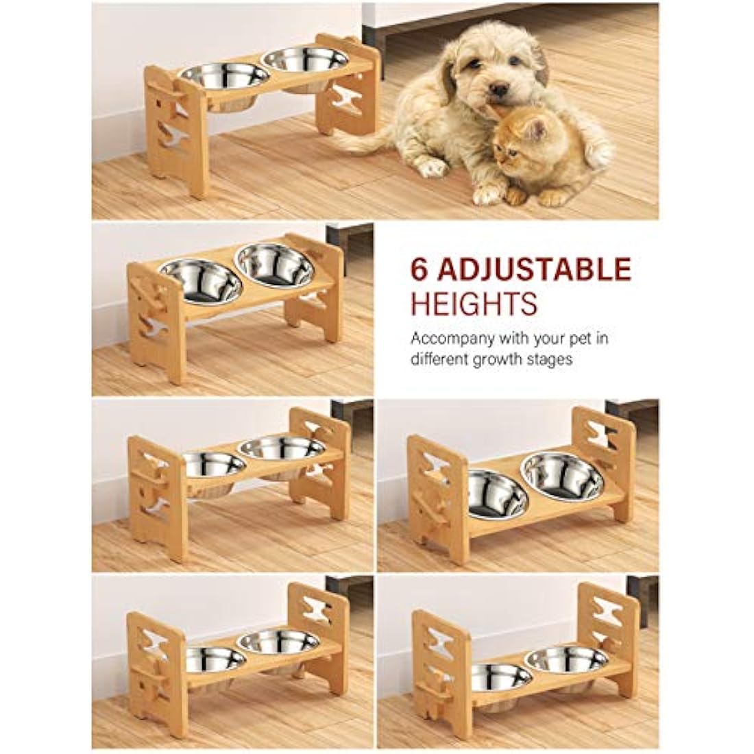 Vantic Raised Dog Bowls | 6 Adjustable Heights Bamboo Feeder Stand