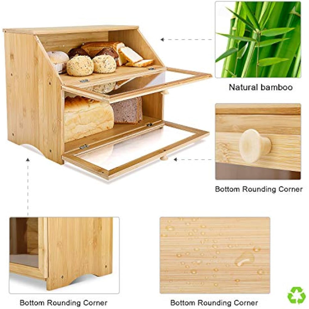 Leader Accessories Large 2-Layer Bamboo Bread Box – Double Decker Bin