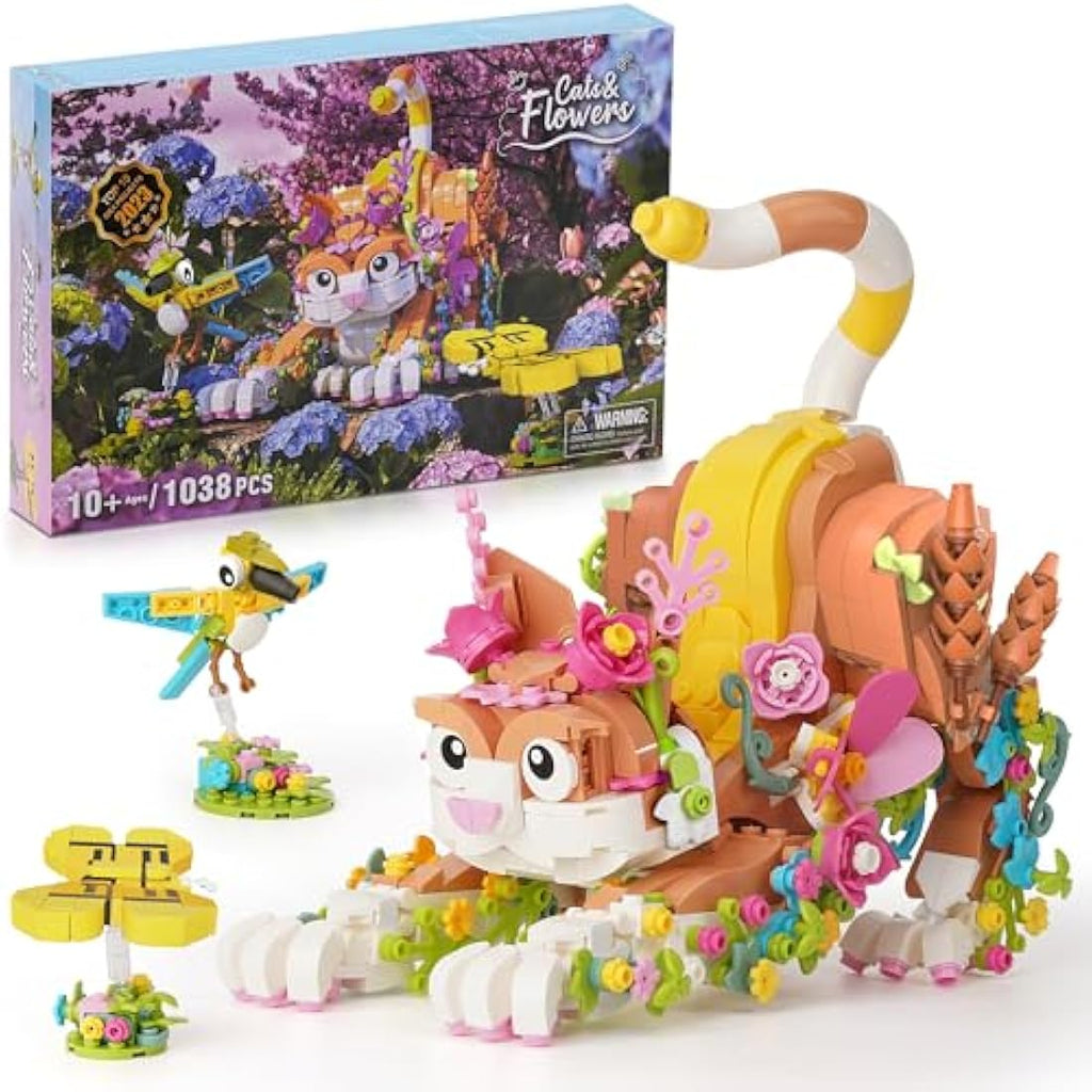 IKUPER Flower Cat Building Set – 3-in-1 Botanical Animal Kit (1038 Pcs)