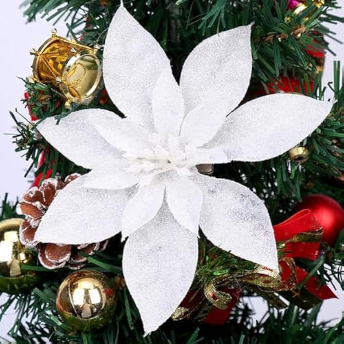 Jolof Store 12 Pcs White Glitter Poinsettia Christmas Tree Flowers