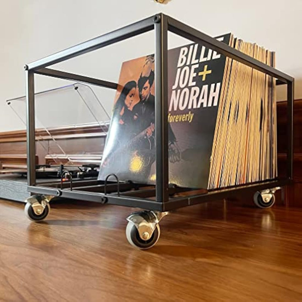 Vinyl Record Storage Holder – Metal 100 LP Stand with Wheels