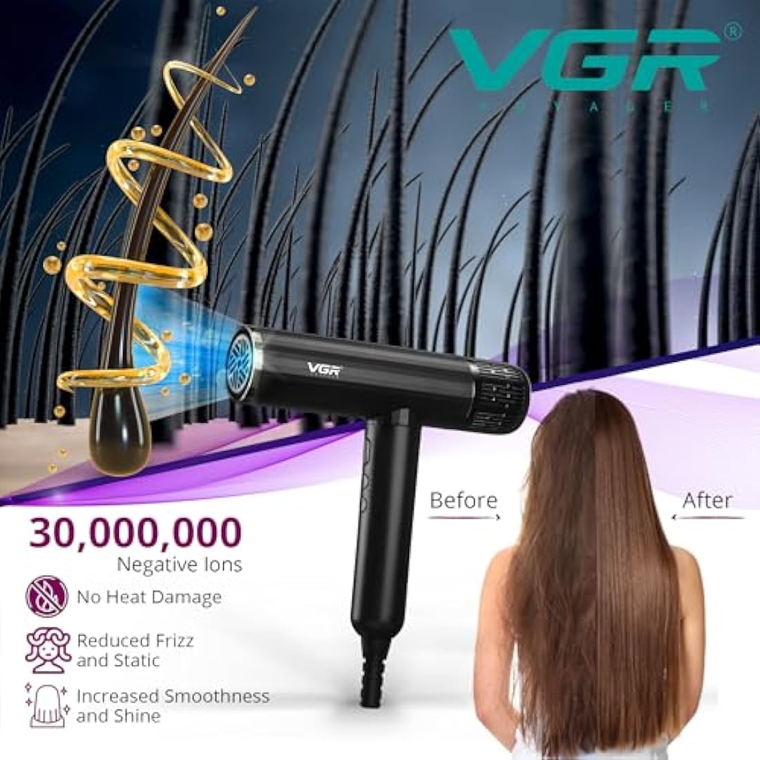 VGR Professional Ionic Hair Dryer – 11000 RPM Brushless Motor