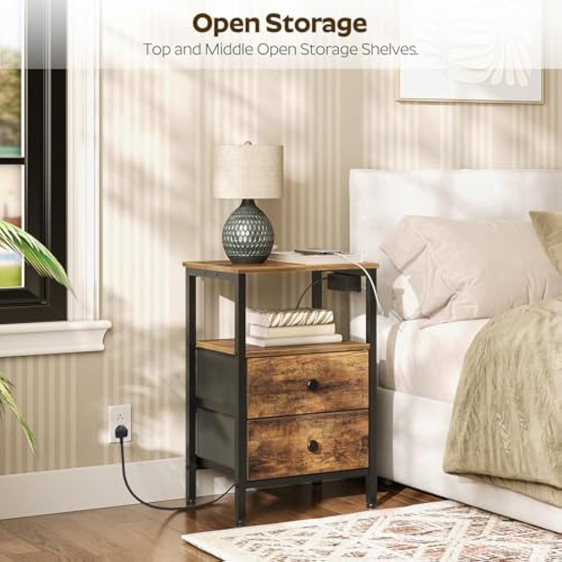 YATINEY Bedside Table with Charging Station | 2-Drawer Industrial Nightstand
