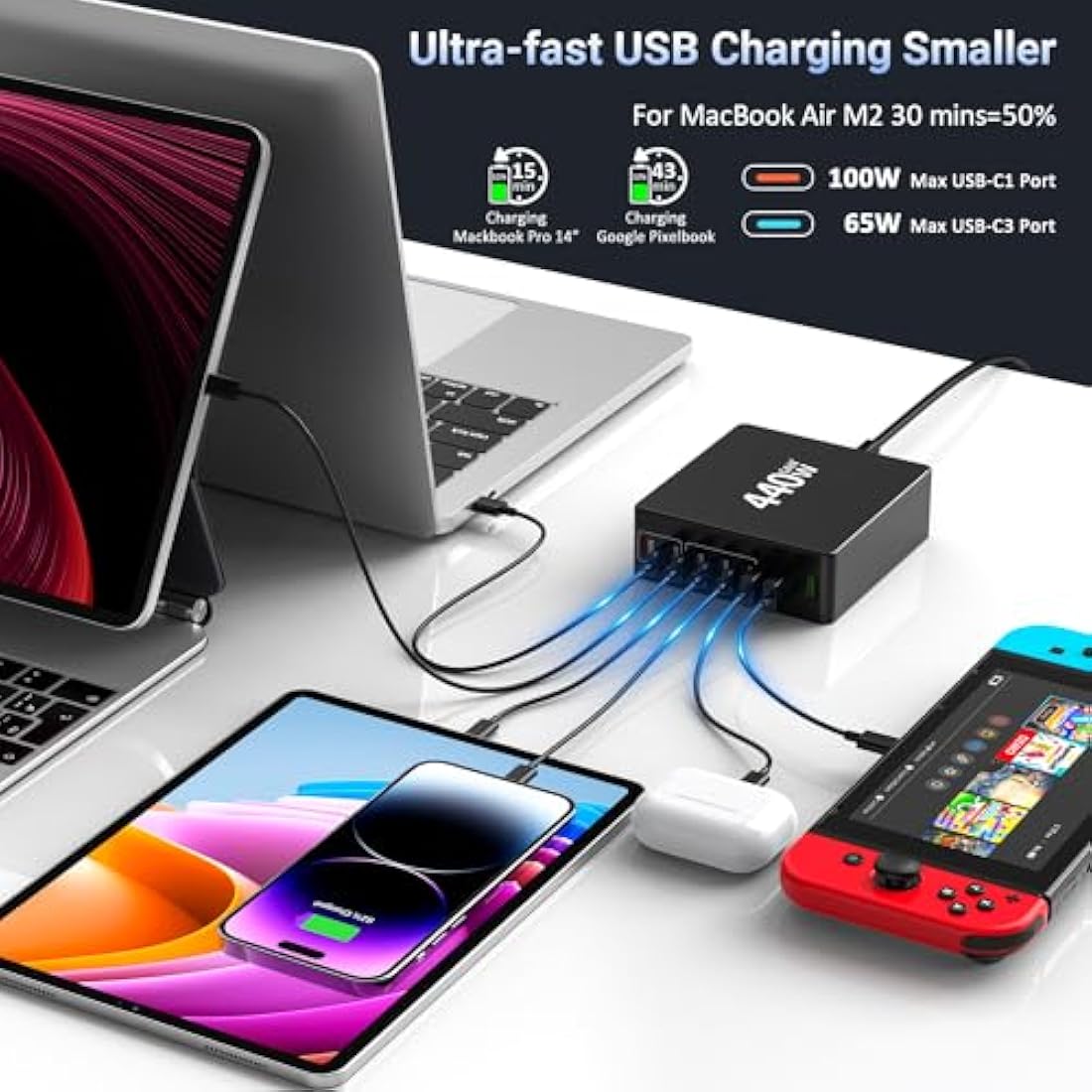 FINIBO 440W 8-Port GaN USB C Charger – Multiport Fast Charging Station