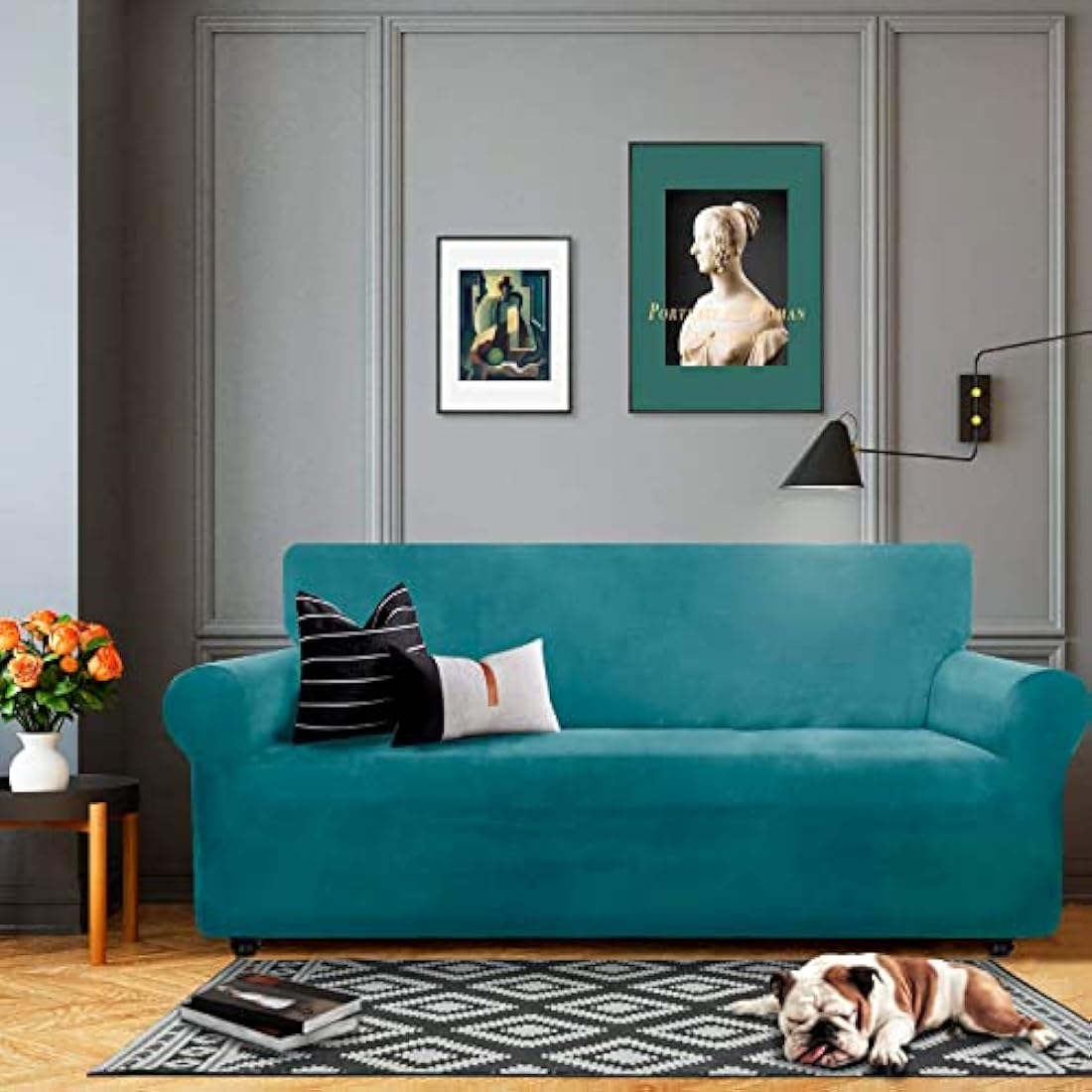 XINEAGE Velvet Sofa Cover | 3 Seater Stretch Couch Slipcover, Peacock Blue