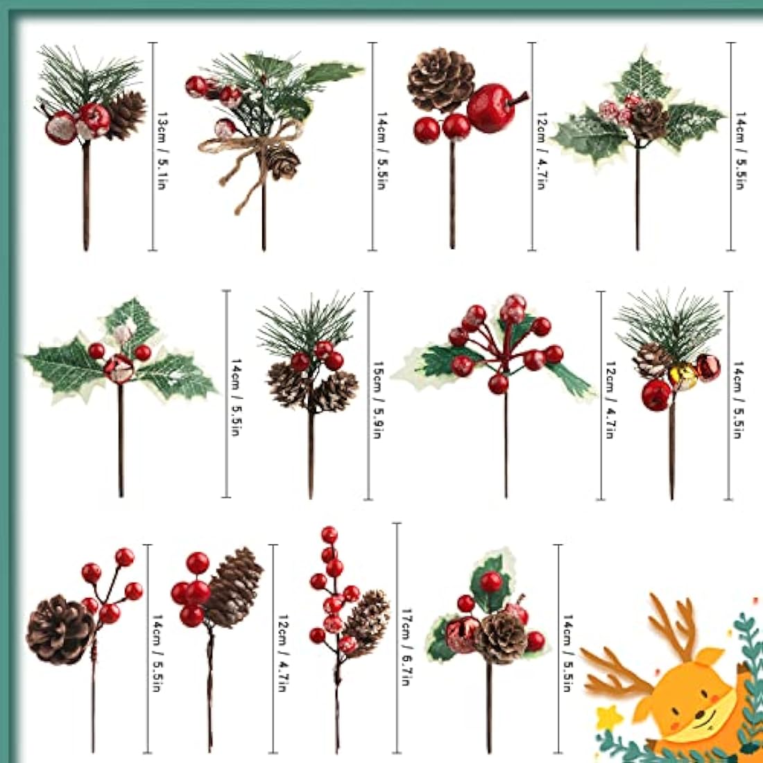 12PCS Artificial Christmas Pine Picks with Red Berries
