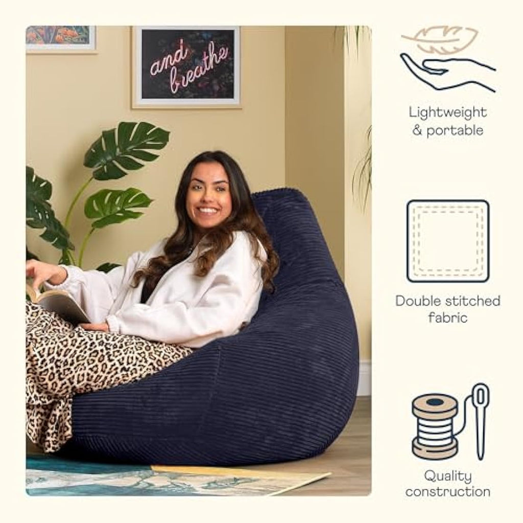 Icon Dalton Corduroy Recliner Bean Bag Chair - Navy Blue - Large Adult