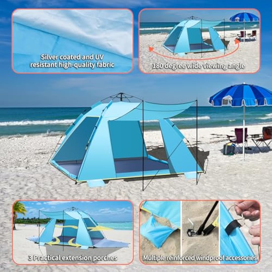 Jolof Store 4-5 Person Pop Up Beach Tent – UPF 50+ Sun Shelter (Blue)
