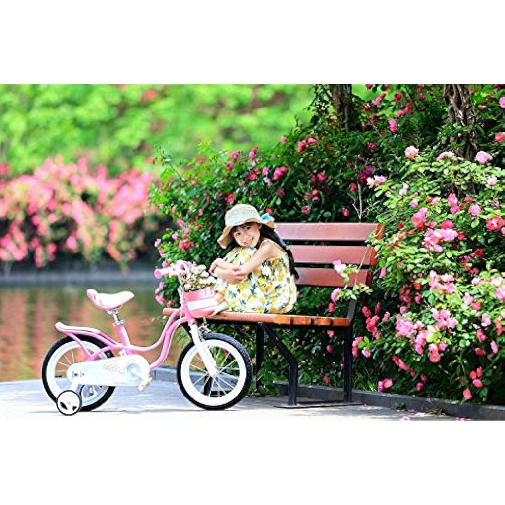 RoyalBaby Pink Swan Girls Kids Bike | 14 Inch Steel Bicycle with Basket