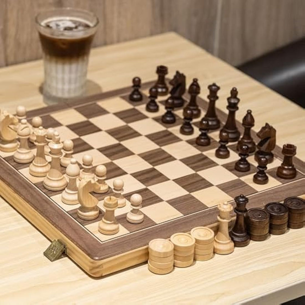 A&A 15" Wooden Folding Chess and Checkers Set | 3" Staunton Pieces