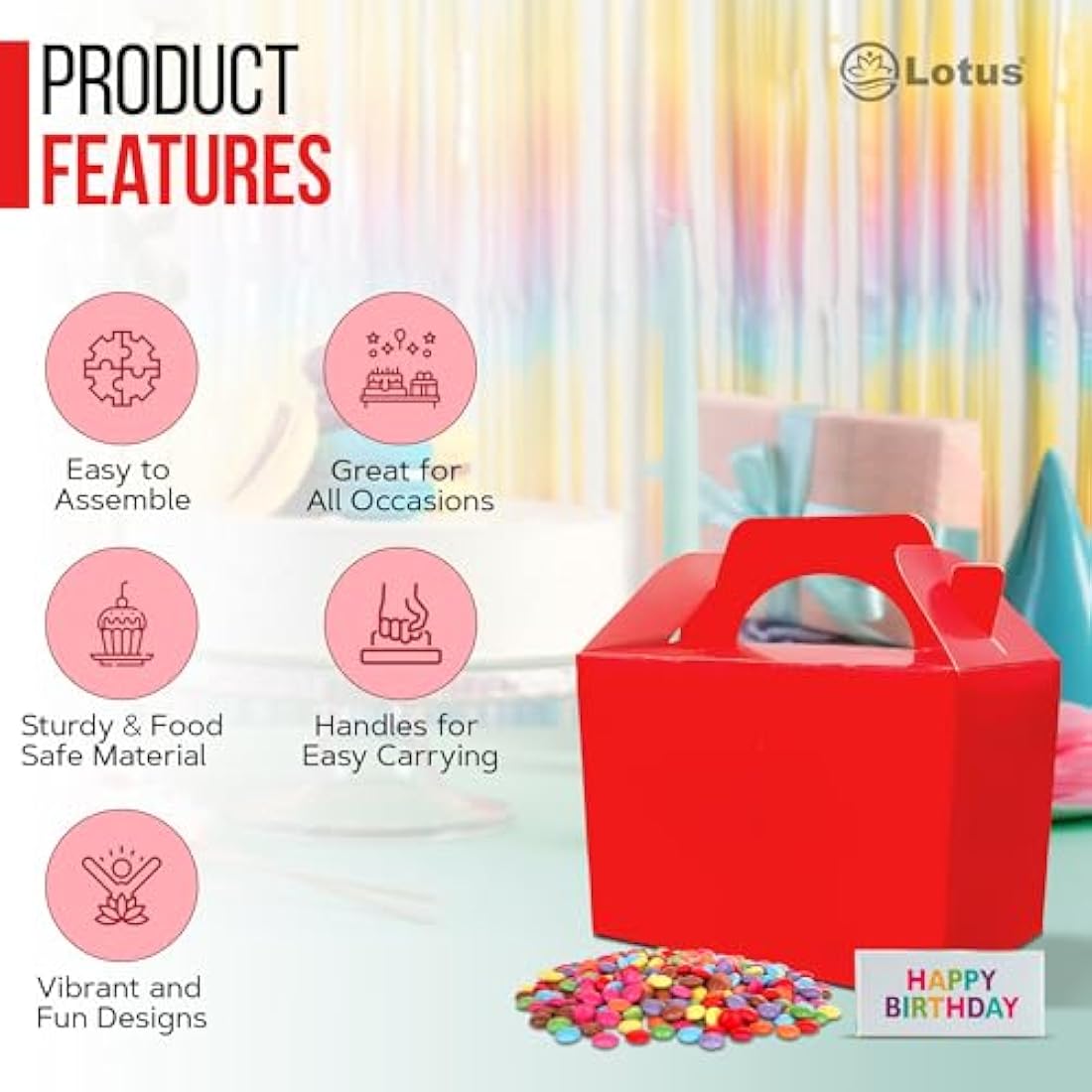 Lotus Red Children's Party Food Boxes - Recyclable Meal Carry Bag (50 Pack)