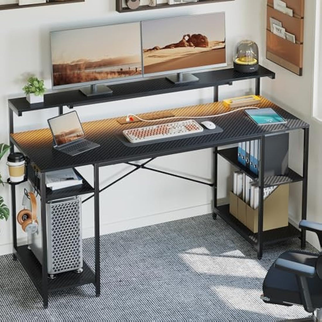 140cm Gaming Desk with LED Lights and Power Outlets