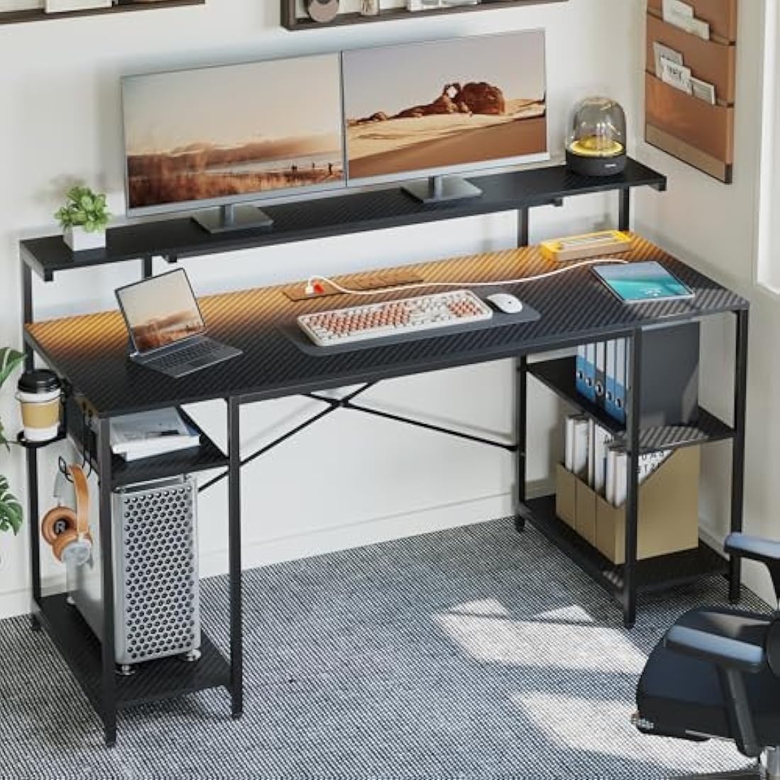 140cm Gaming Desk with LED Lights and Power Outlets