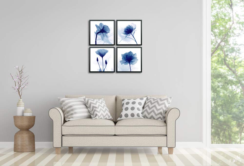 Wieco Art Blue Flickering Flower Framed Canvas Wall Art - 4 Panels