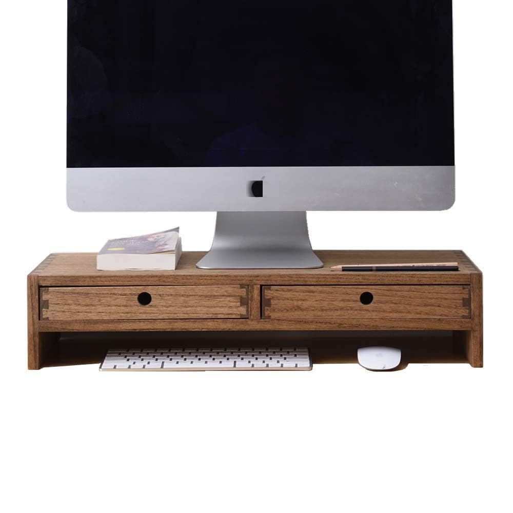 KIRIGEN Solid Wood Monitor Stand with 2 Drawers – Dark Brown Desk Riser