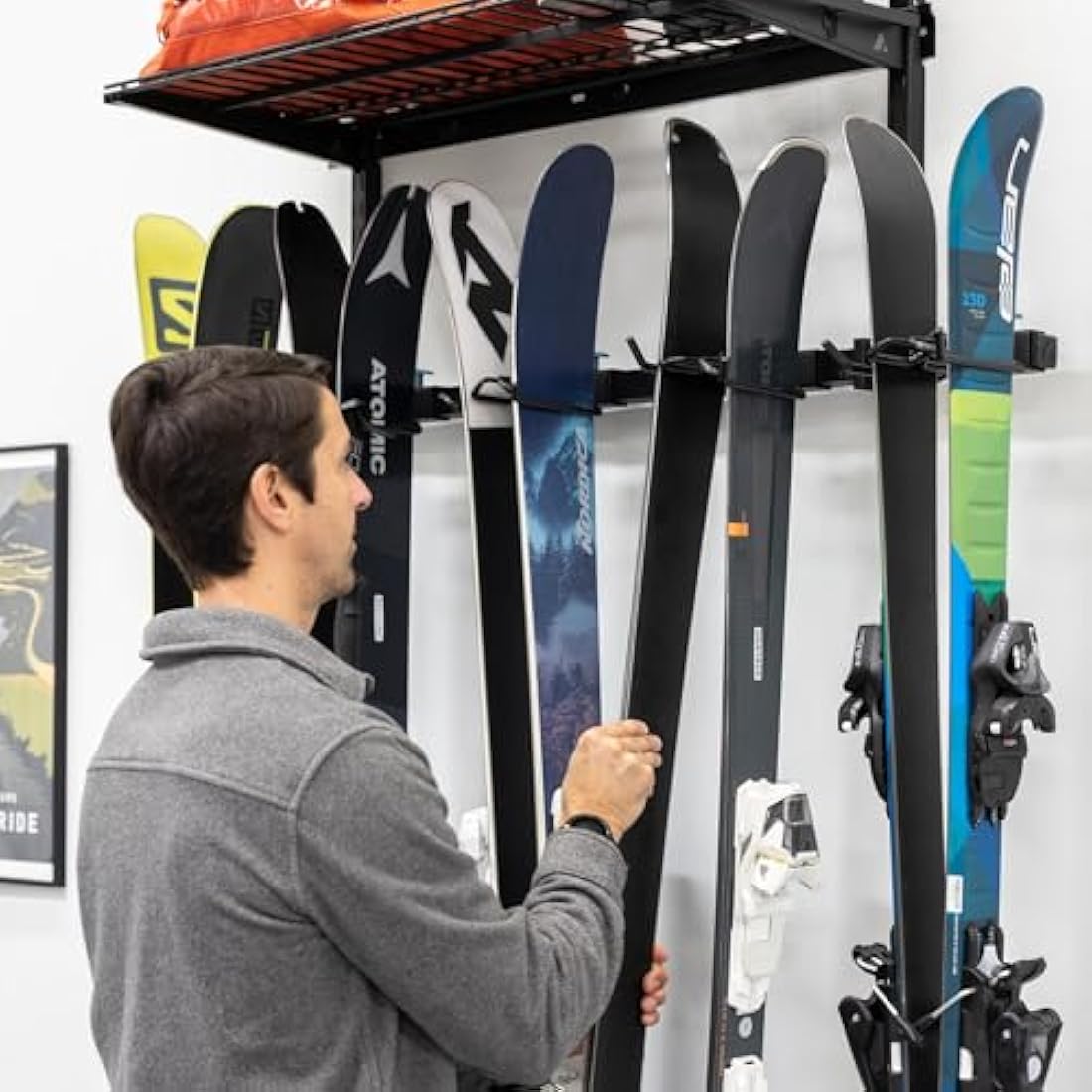 Ski Storage Rack with Shelf | Heavy Duty 5 Pair Wall Mount