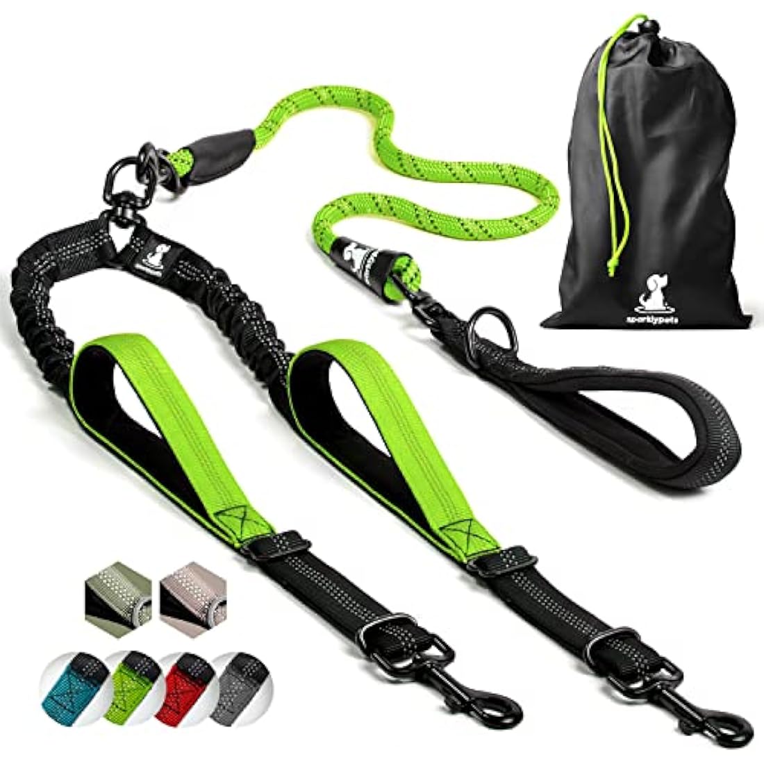 SparklyPets Double Dog Leash – Tangle-Free Bungee for 2 Dogs | Green
