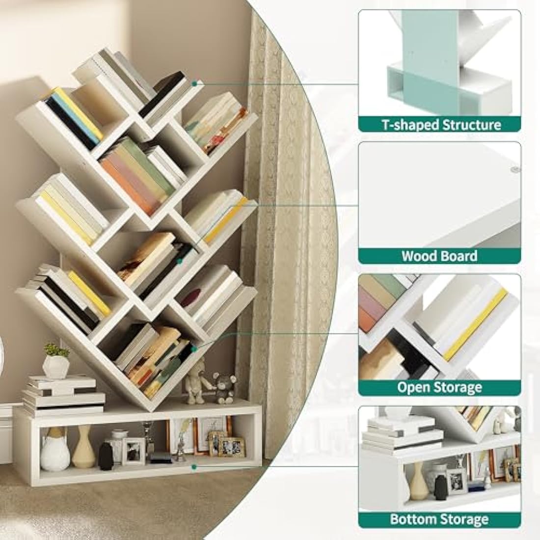 YITAHOME Tree Bookshelf – 8-Tier Geometric Bookcase with Drawer, White