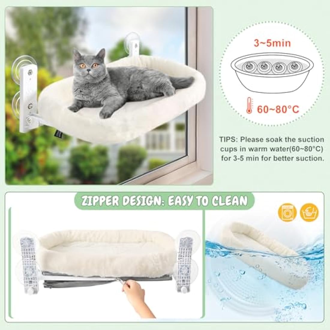 GUUSII HOME Cordless Cat Window Perch – Heavy Duty Hammock Bed, Beige