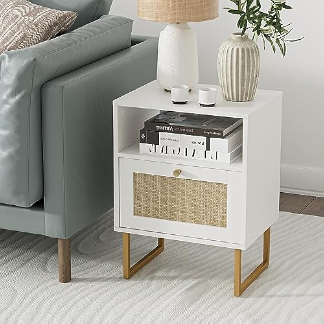 HEYZOEY Rattan Bedside Table – White & Gold Boho Nightstand with Drawer