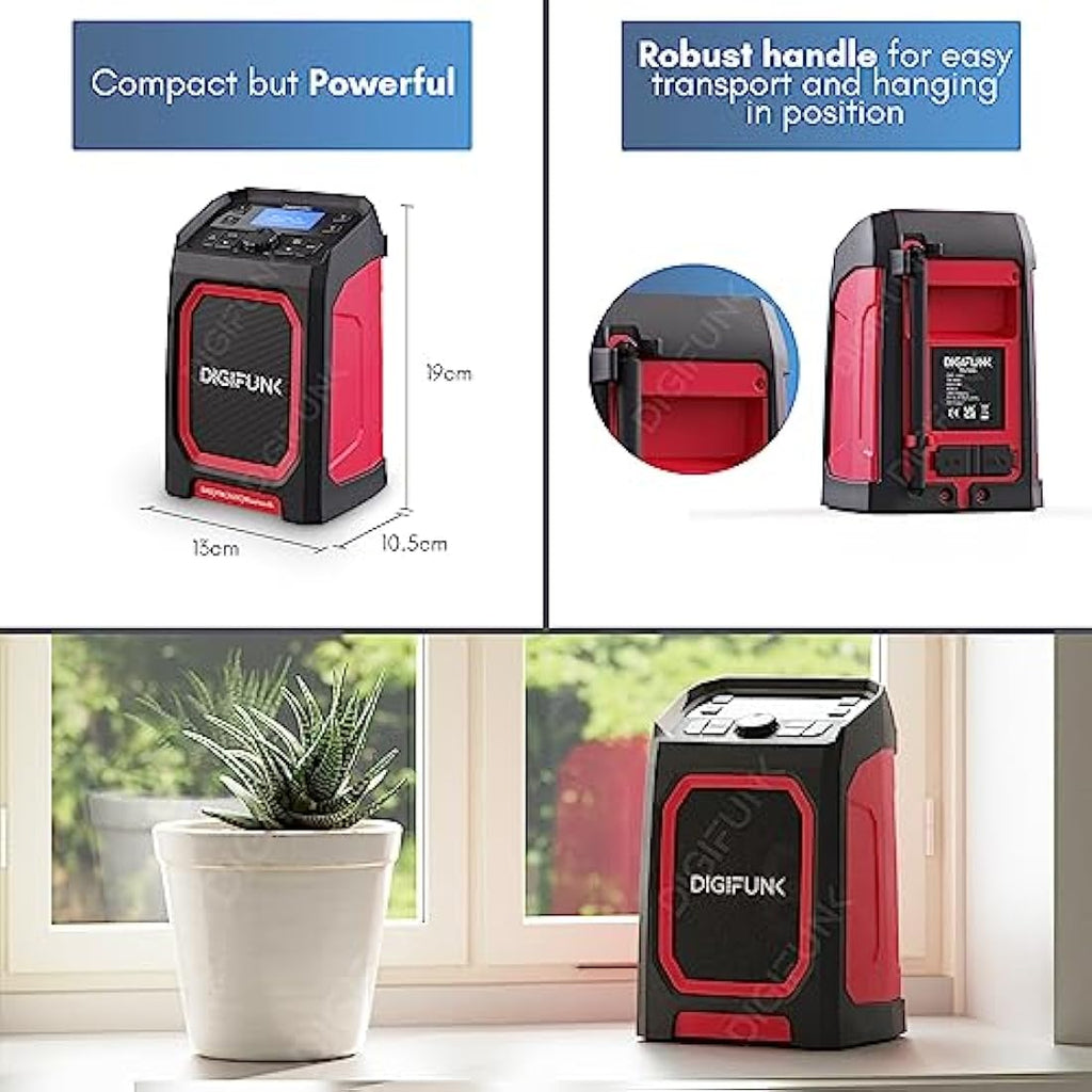 DigiFunk DAB+ Work Site Radio - IP65 Waterproof Bluetooth Speaker - Red