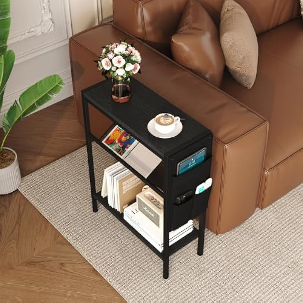 Yusong Narrow End Table | 3-Tier Slim Side Table with Storage, Black Oak