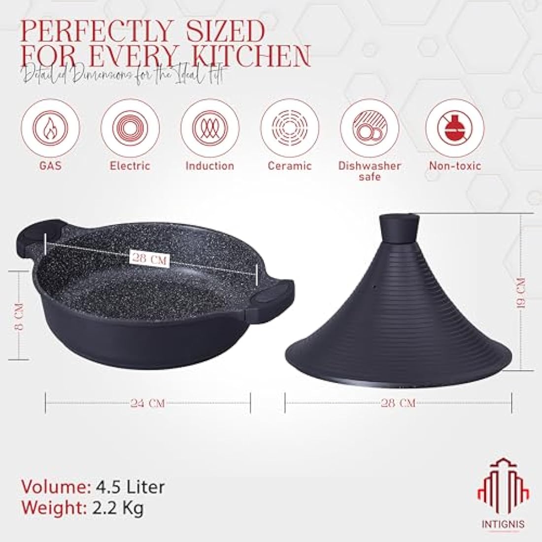 INTIGNIS Nonstick Moroccan Tagine Pot – 28cm Induction Casserole Dish