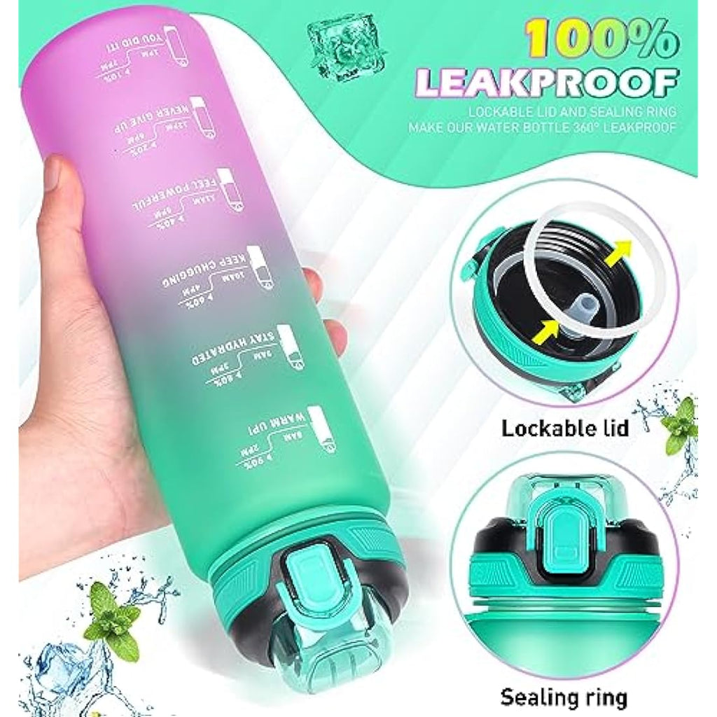 CodiCile 1L Water Bottle with Straw | Leak-proof Motivational Sports Bottle