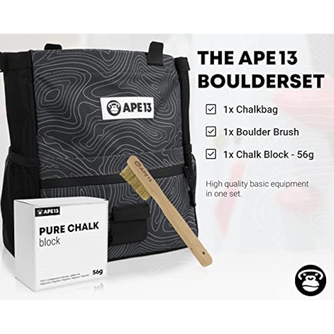 APE13 Boulder Chalk Bag Set – Includes Climbing Brush and Chalk Block