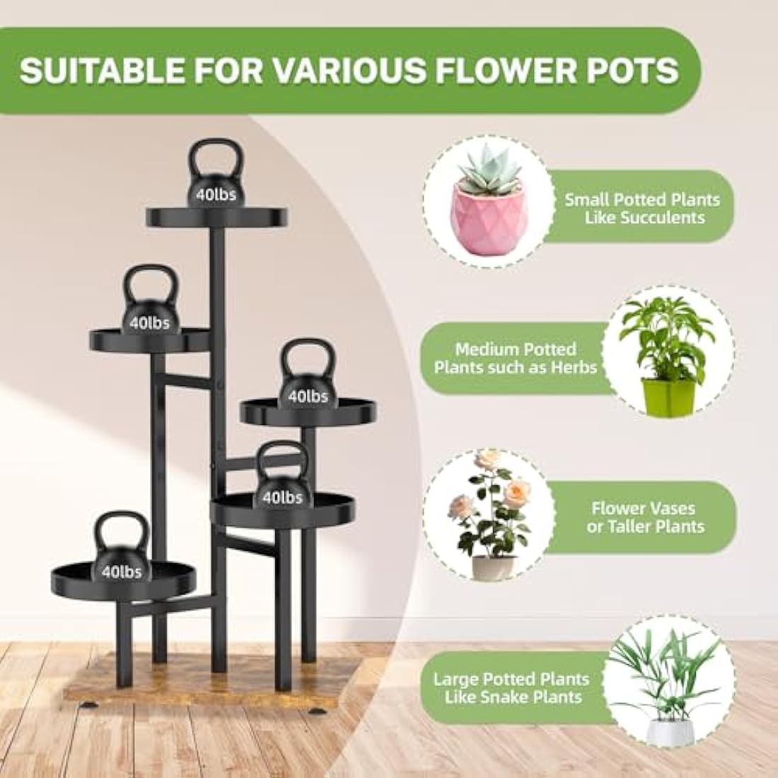 iDavosic.ly 5 Tier Plant Stand – Tall Metal & Wood Corner Display Rack