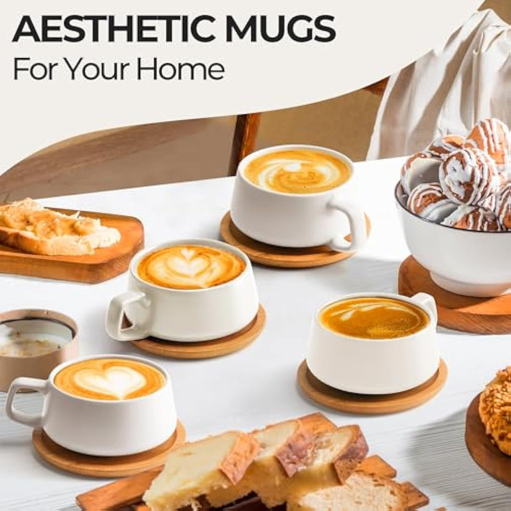 MIAMIO Ceramic Coffee Cup Set with Bamboo Saucers - 320ml Luxe White, 4pc