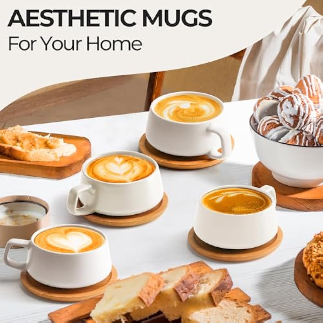 MIAMIO Ceramic Coffee Cup Set with Bamboo Saucers - 320ml Luxe White, 4pc