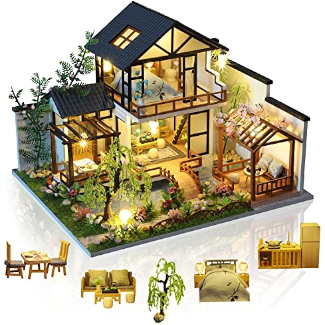 Cuteefun DIY Miniature Dollhouse Kit - Oriental Villa Wooden Model with Music
